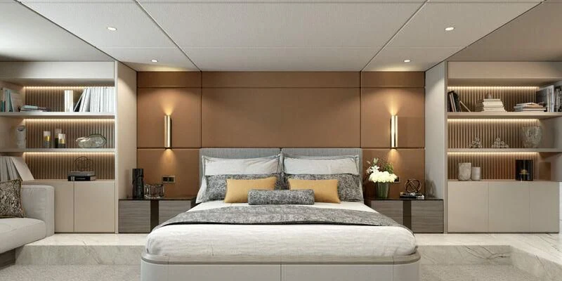 a large bed in a room aboard NOCTURNO Yacht for Sale