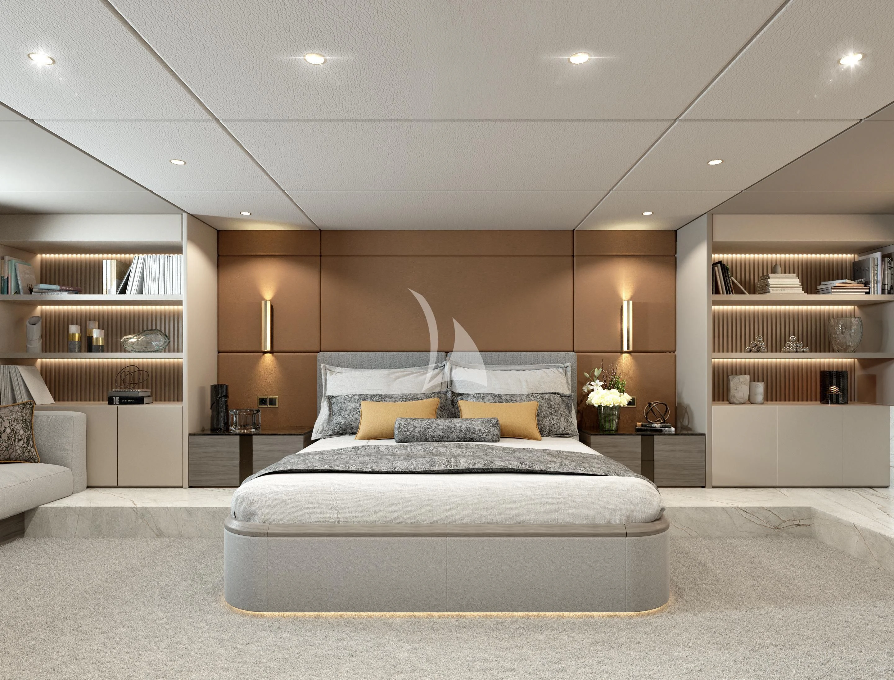 a modern bedroom with a large white bed and a white couch aboard NOCTURNO Yacht for Sale