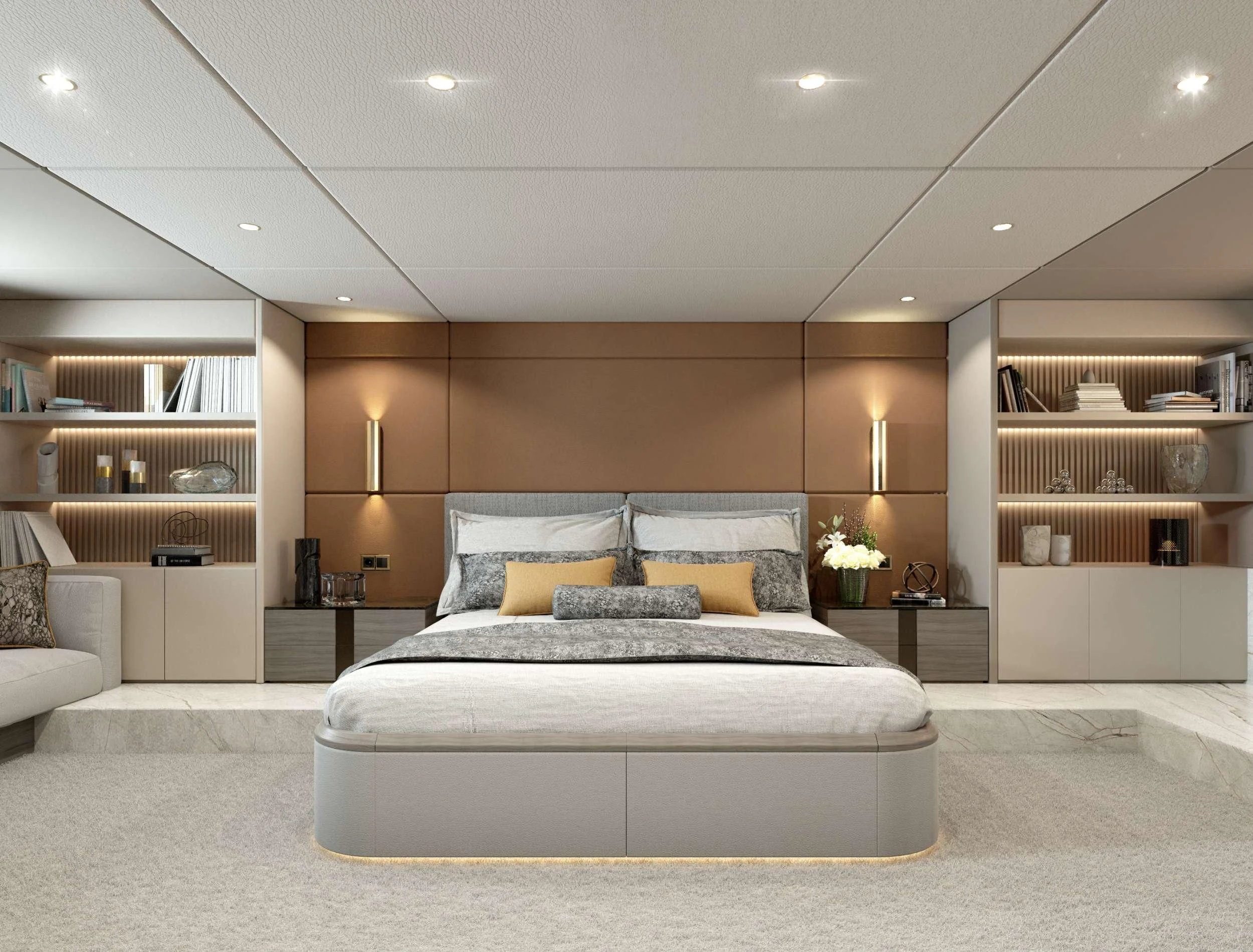 a large white bed in a room aboard NOCTURNO Yacht for Sale
