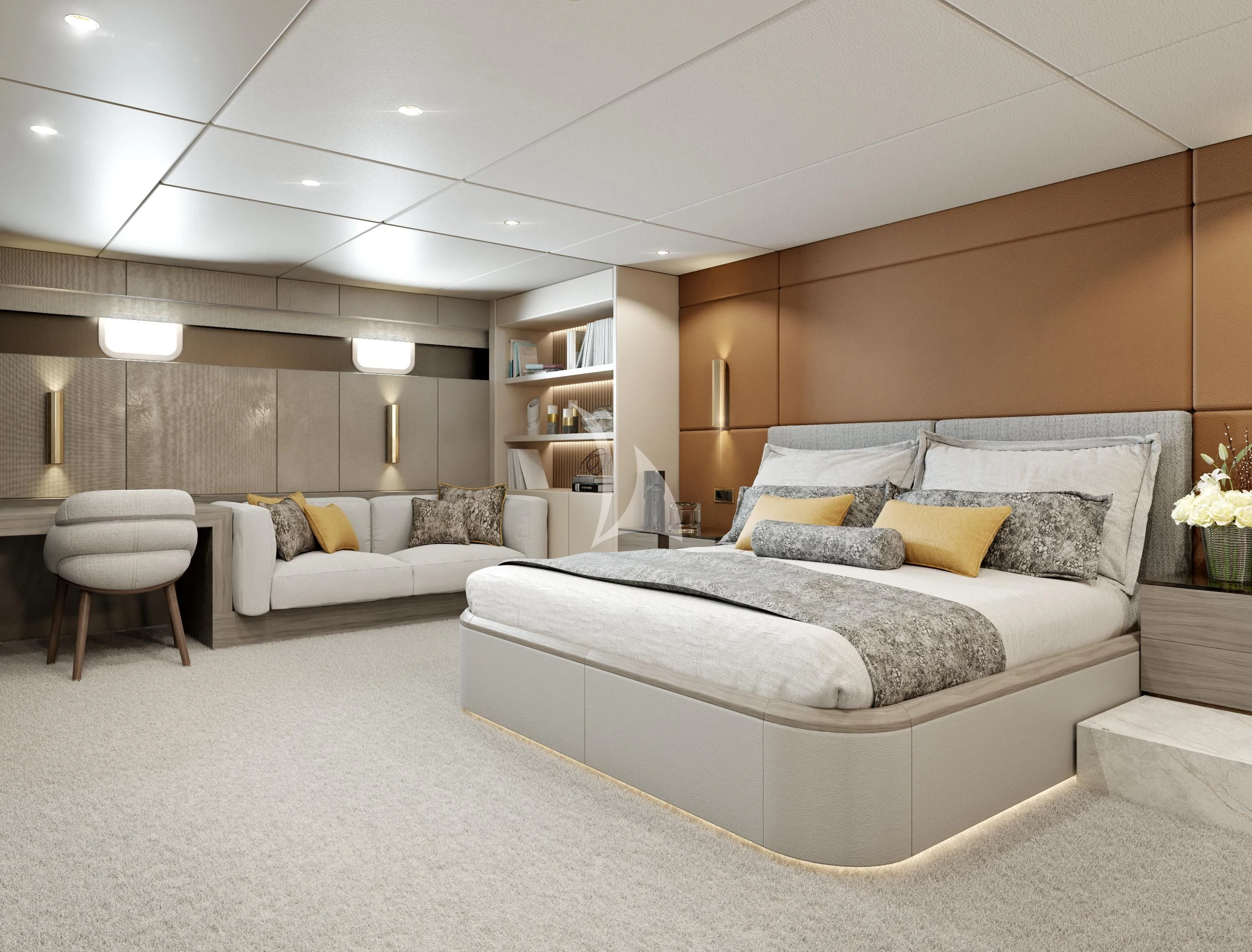 a large bedroom with a large bed aboard NOCTURNO Yacht for Sale