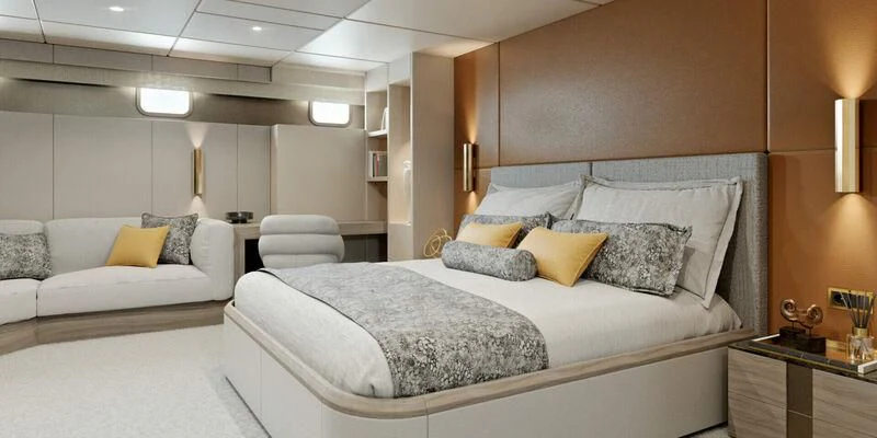 a large bed in a room aboard NOCTURNO Yacht for Sale