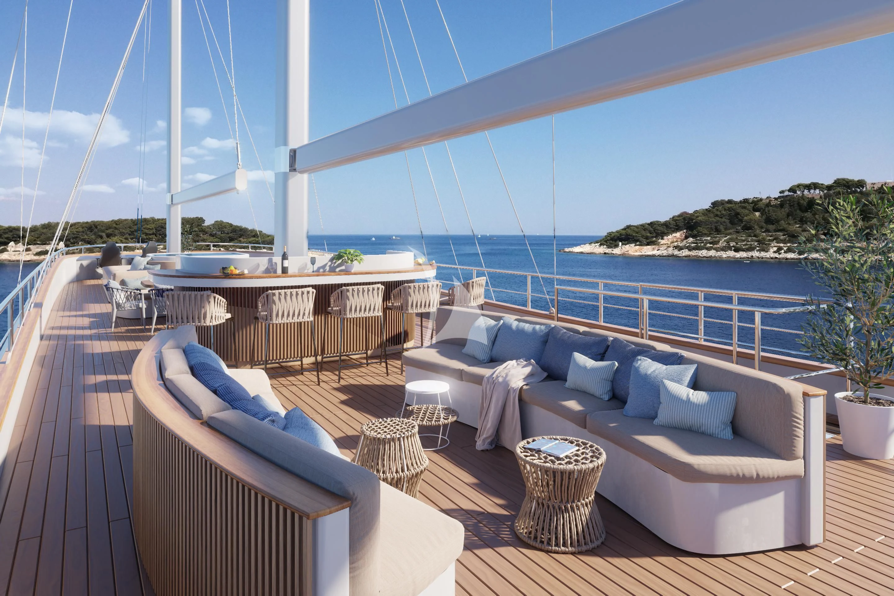 a balcony with a view of the ocean and the ocean aboard NOCTURNO Yacht for Sale