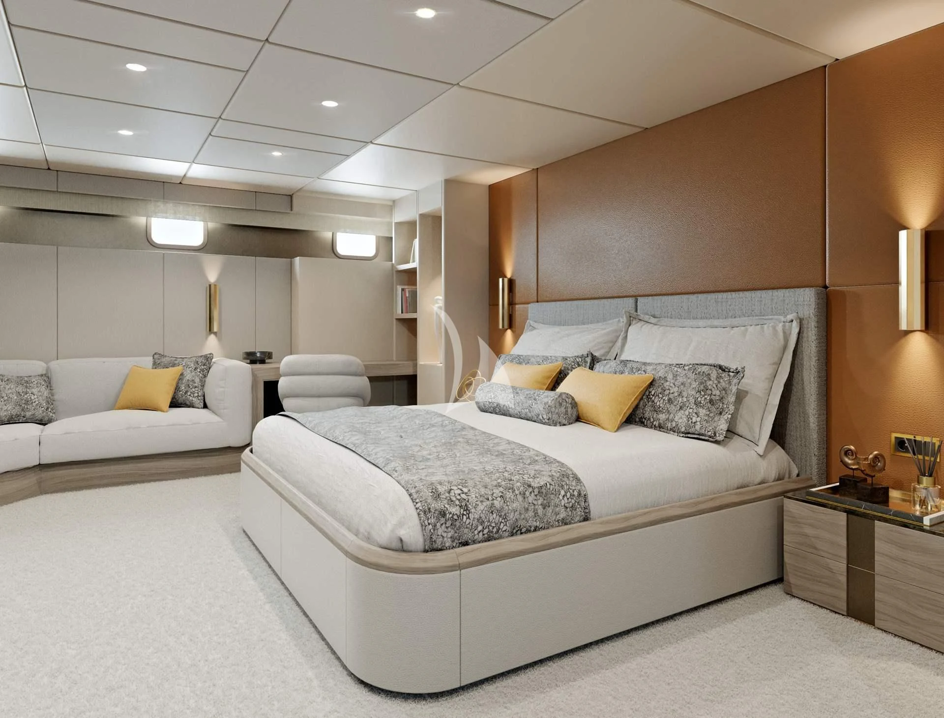 a large white bed in a room aboard NOCTURNO Yacht for Sale