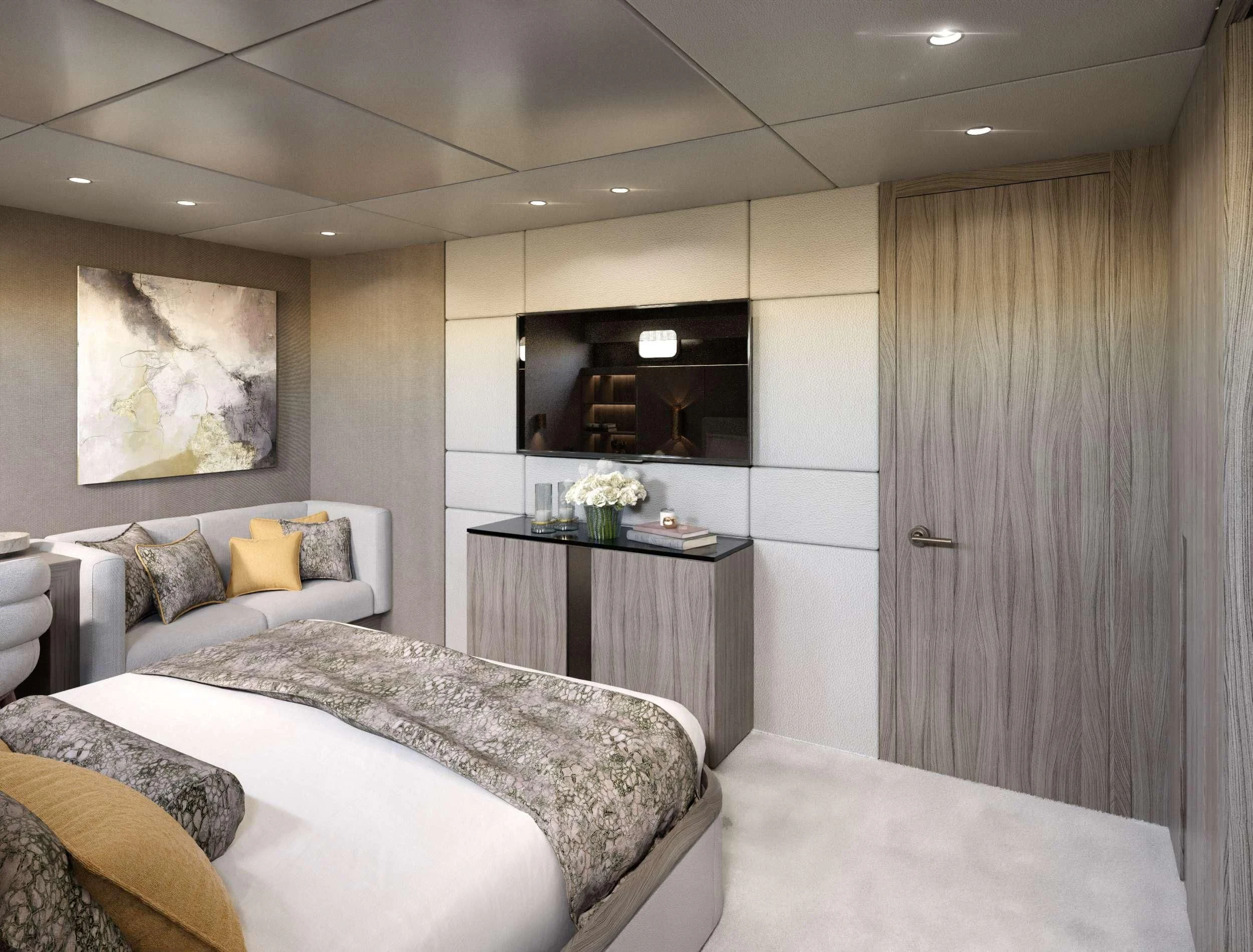 a room with a bed and a table aboard NOCTURNO Yacht for Sale
