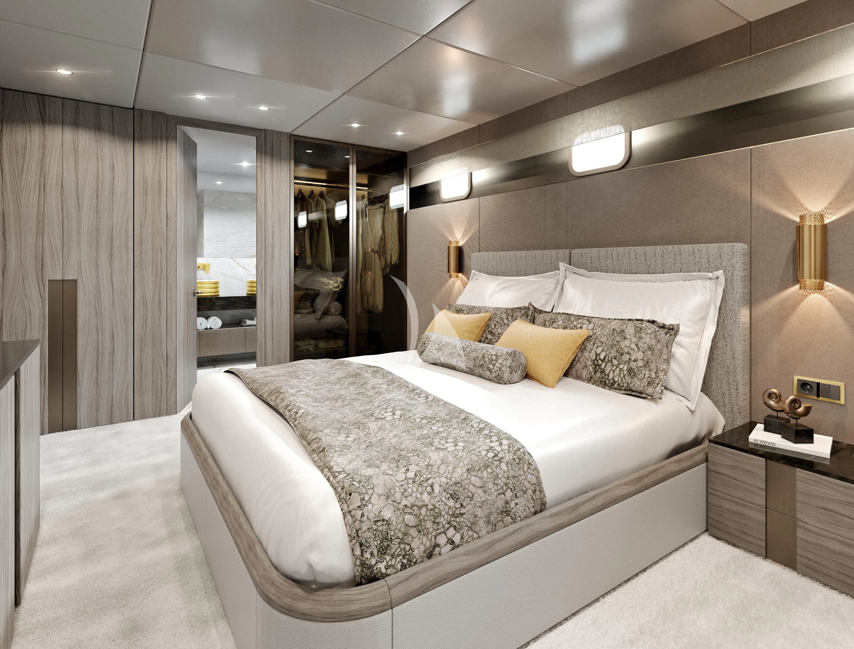a bed with white sheets aboard NOCTURNO Yacht for Sale