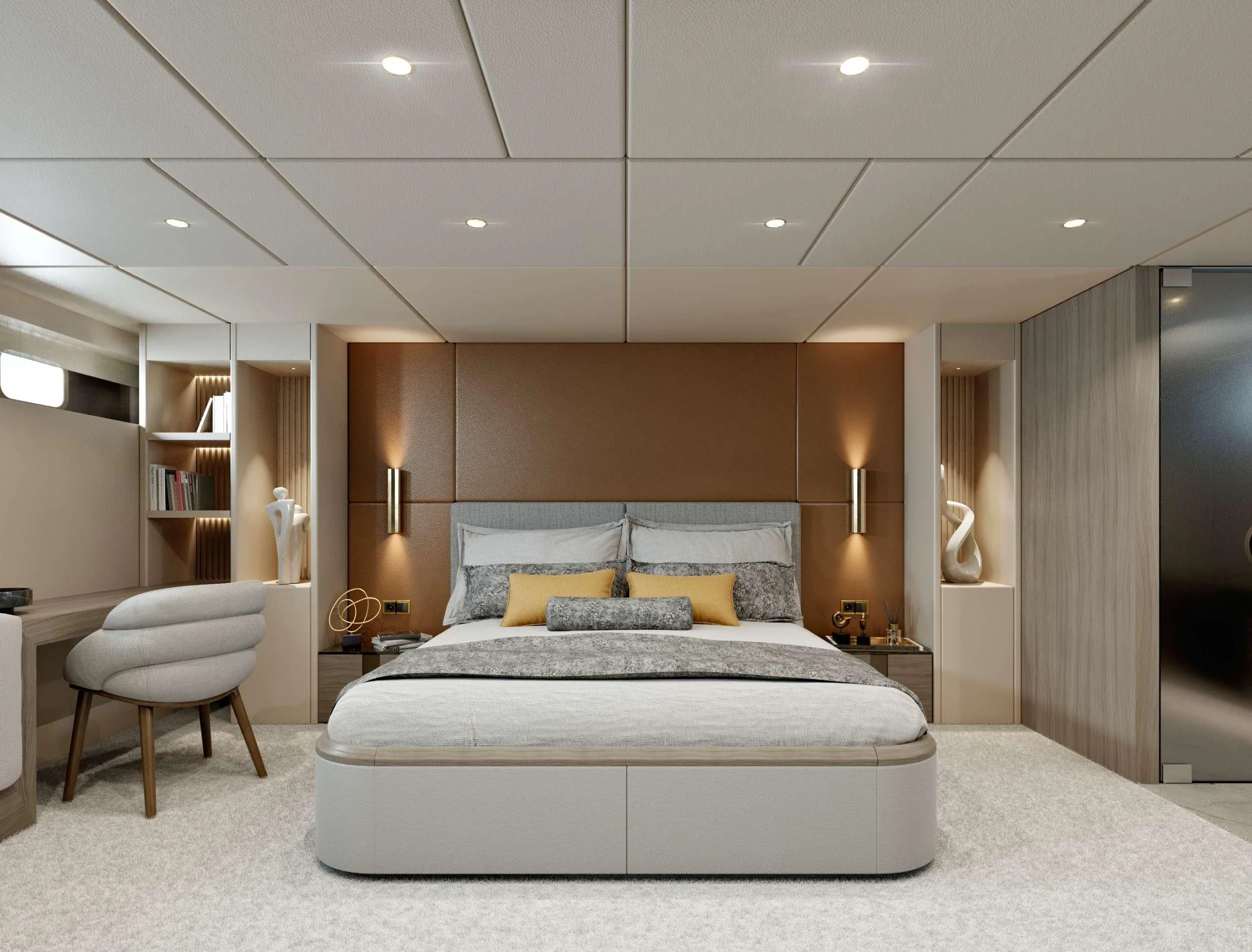 a large bed in a room aboard NOCTURNO Yacht for Sale