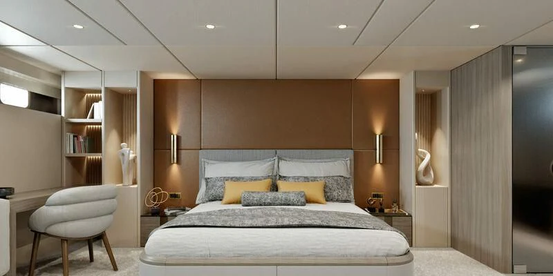 a large bed in a room aboard NOCTURNO Yacht for Sale