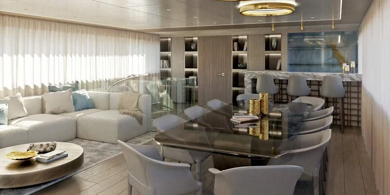 a room with a couch and a table and chairs aboard NOCTURNO Yacht for Sale