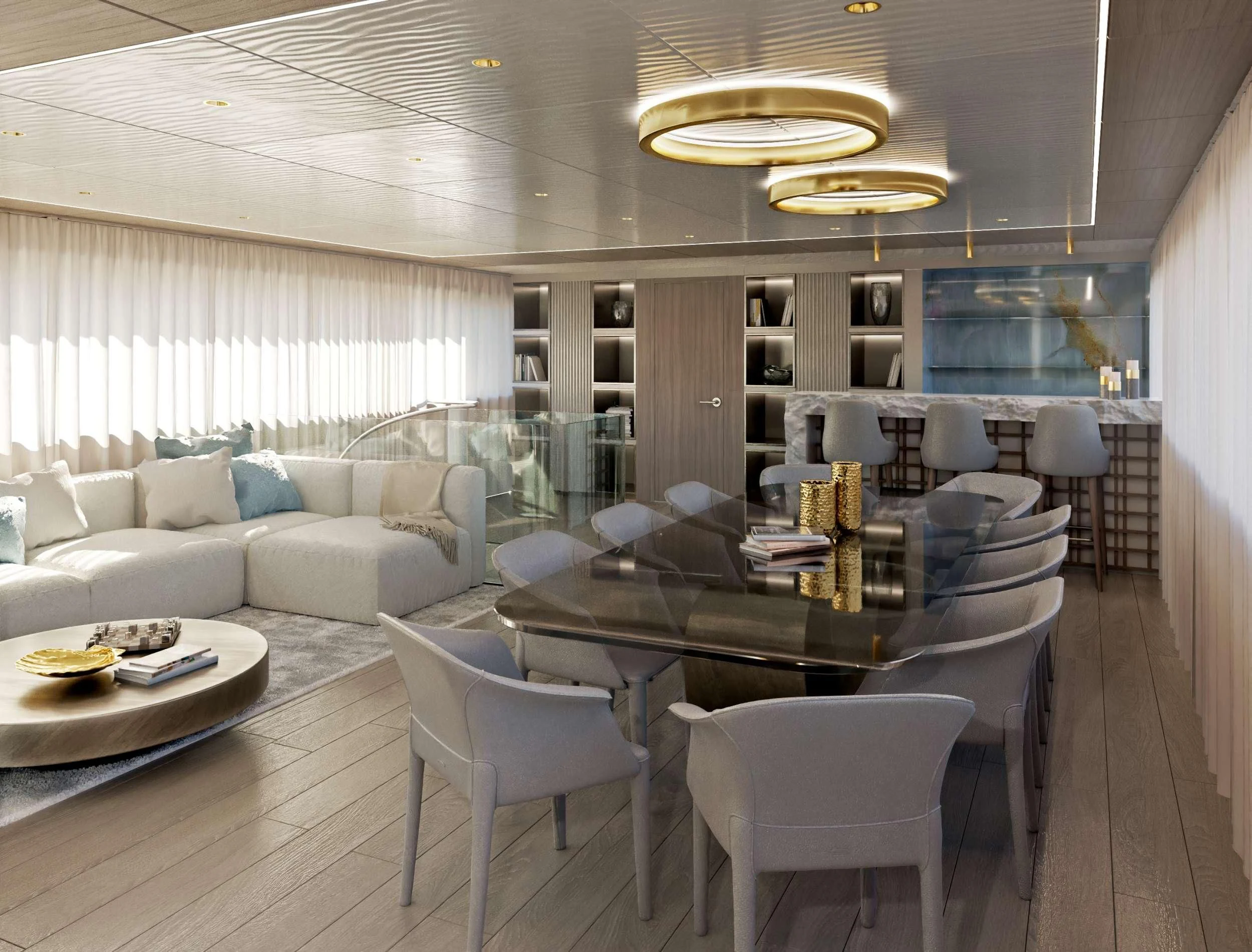 a living room with a table and chairs aboard NOCTURNO Yacht for Sale