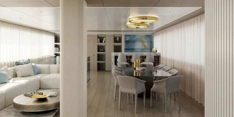 a room with a table and chairs aboard NOCTURNO Yacht for Sale