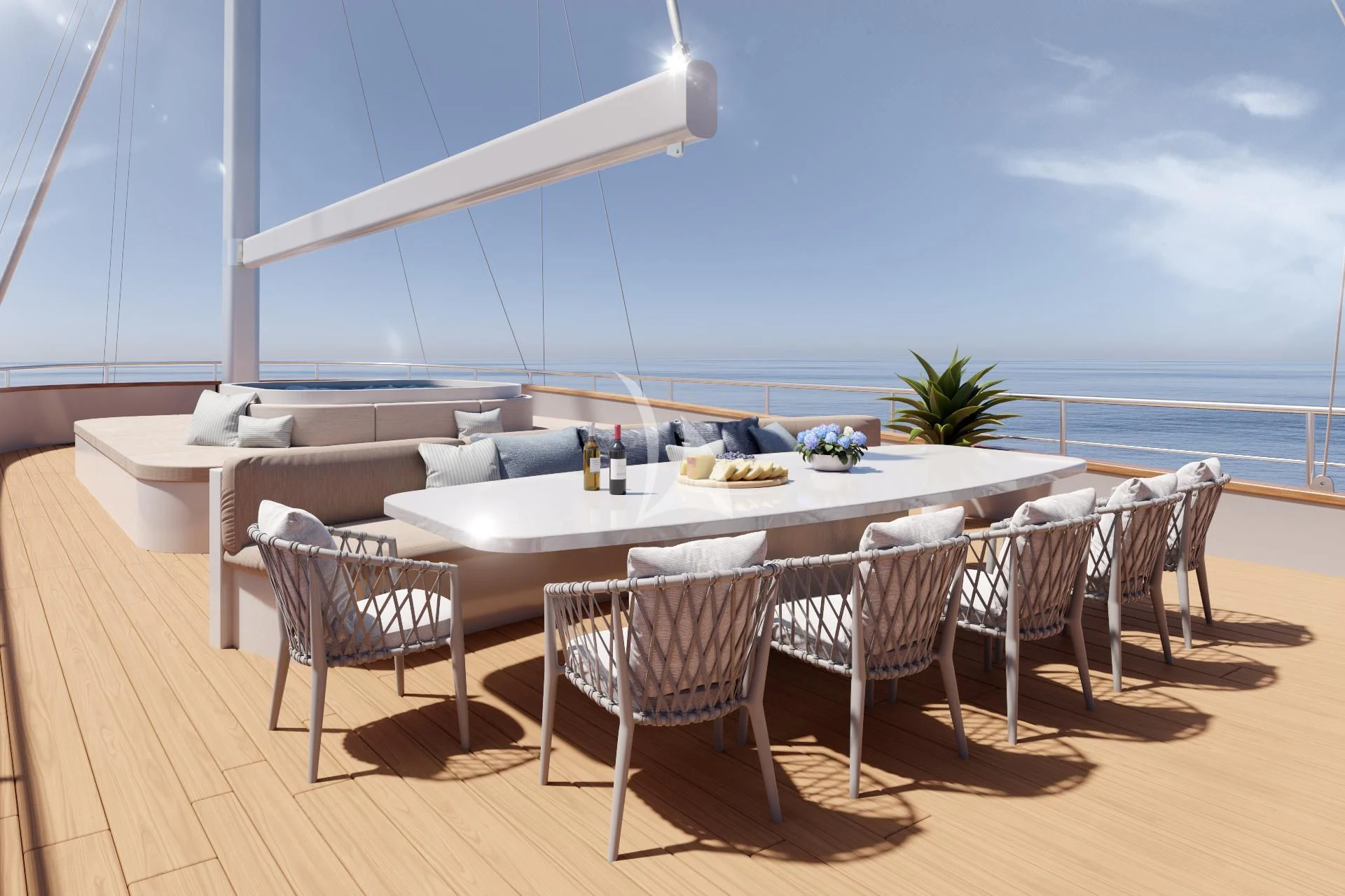 a table set for a meal on a deck overlooking the ocean aboard NOCTURNO Yacht for Sale