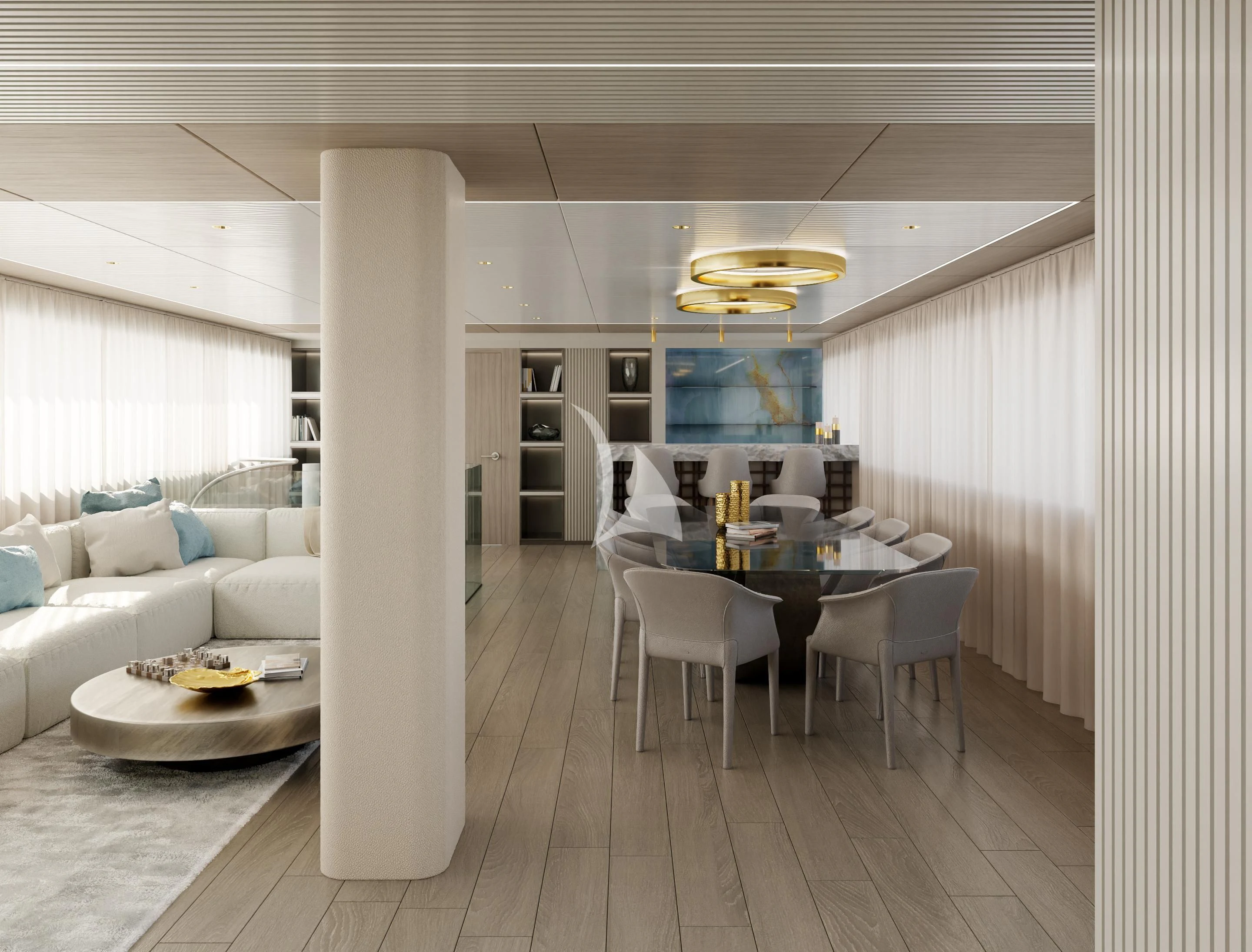 a large open kitchen and dining area aboard NOCTURNO Yacht for Sale