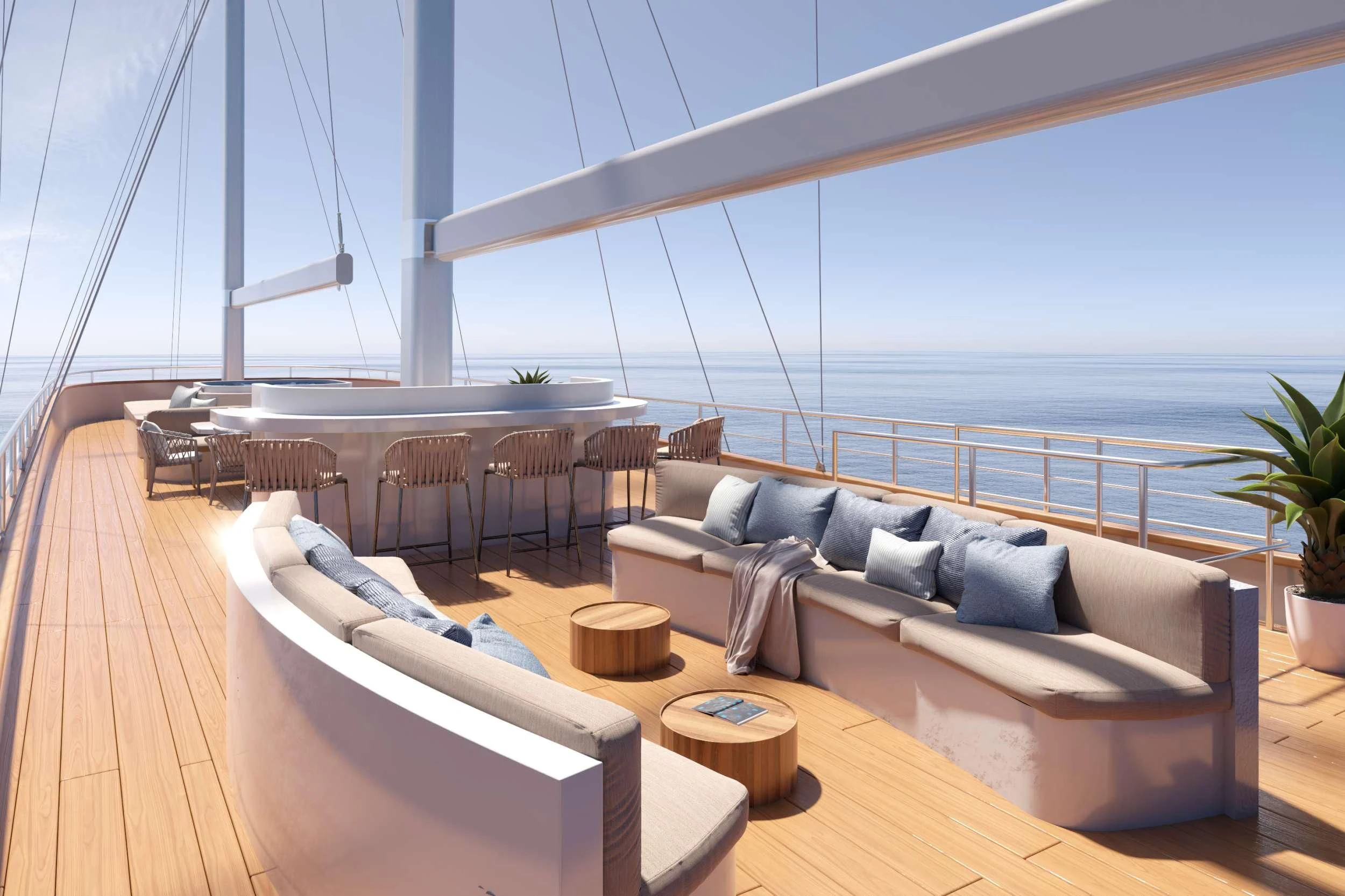 a large living room with a large balcony overlooking the ocean aboard NOCTURNO Yacht for Sale