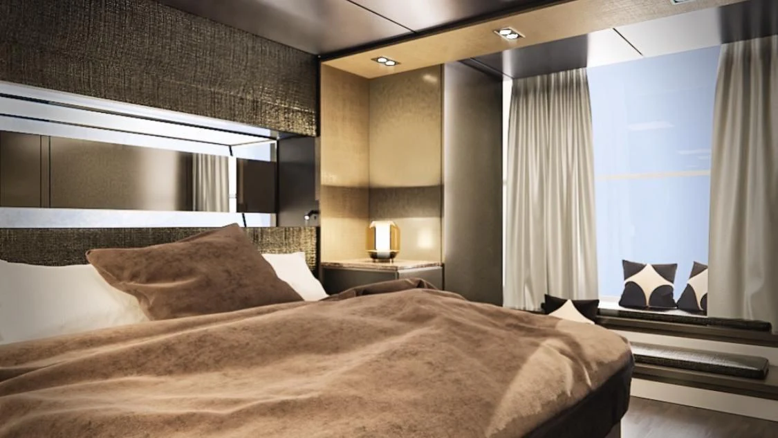 a bed with a large bed aboard KOKONUT'S WALLY Yacht for Sale