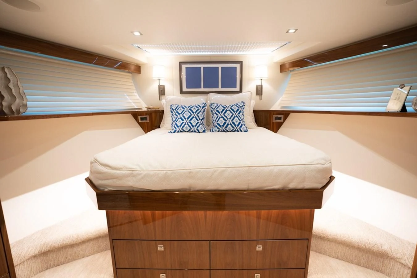 a room with a bed and a window aboard MAKE IT HAPPEN Yacht for Sale