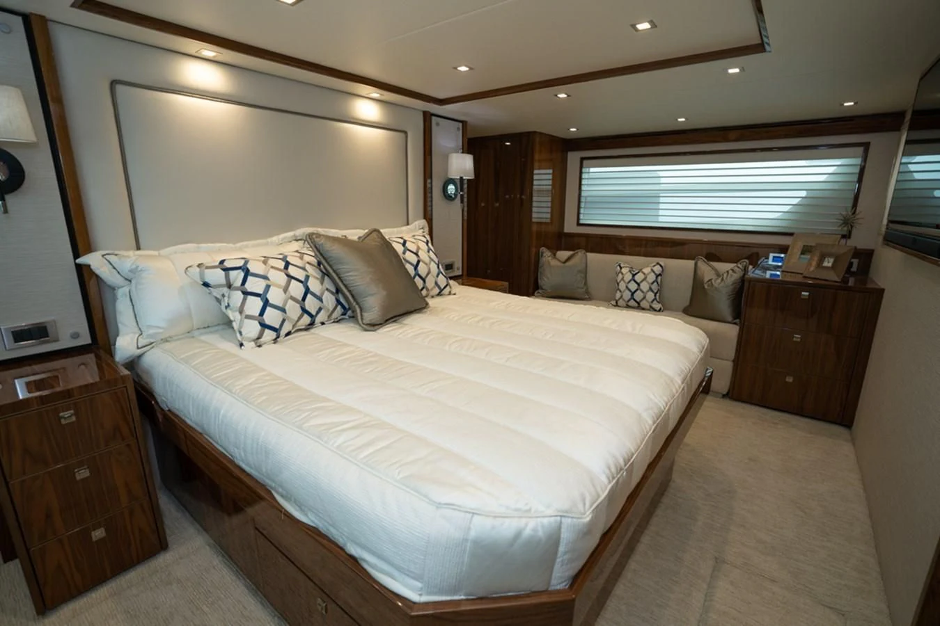 a large bedroom with a bed aboard MAKE IT HAPPEN Yacht for Sale