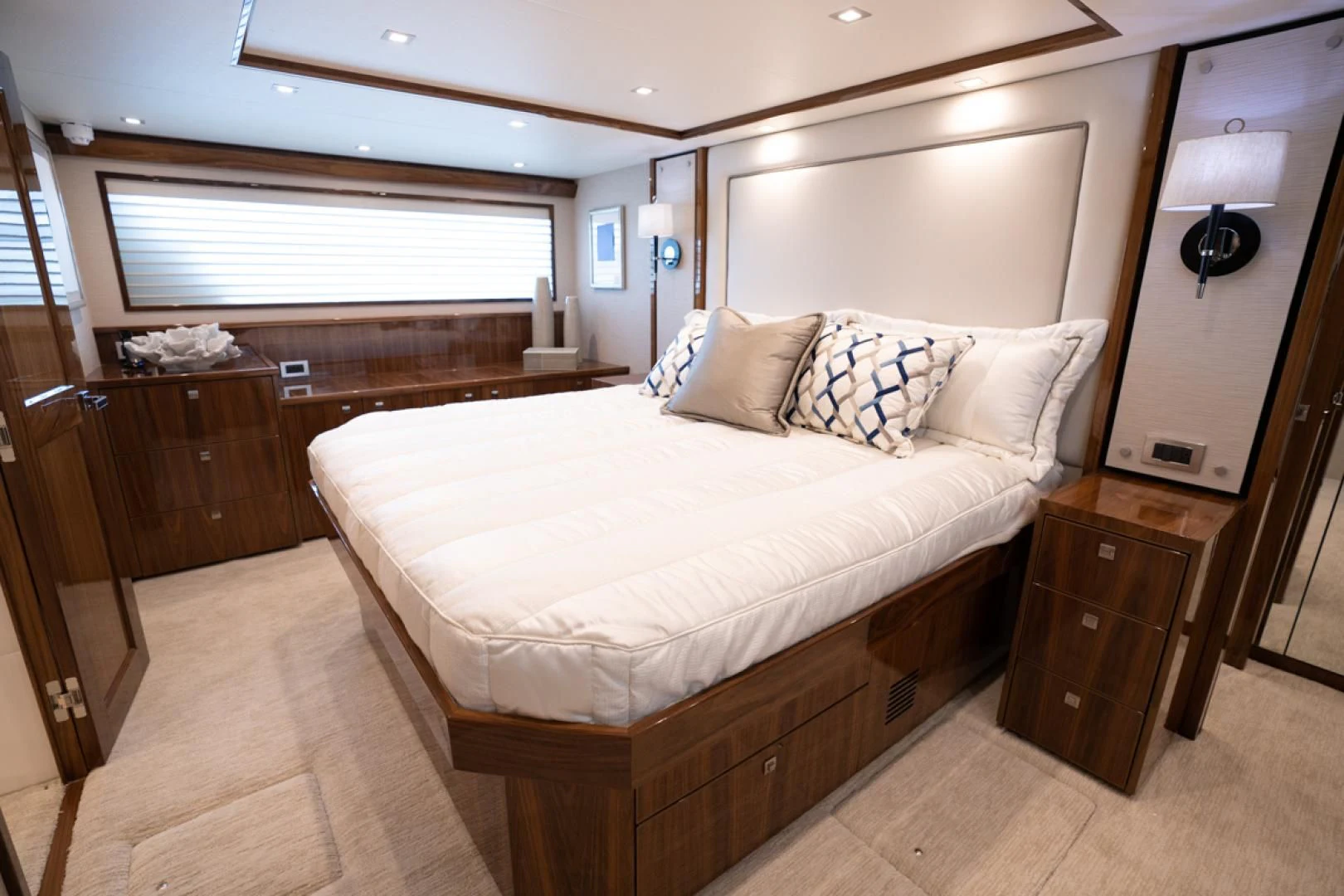a bedroom with a large bed aboard MAKE IT HAPPEN Yacht for Sale