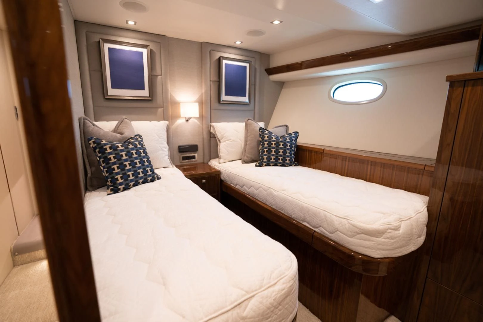 a room with two beds aboard MAKE IT HAPPEN Yacht for Sale