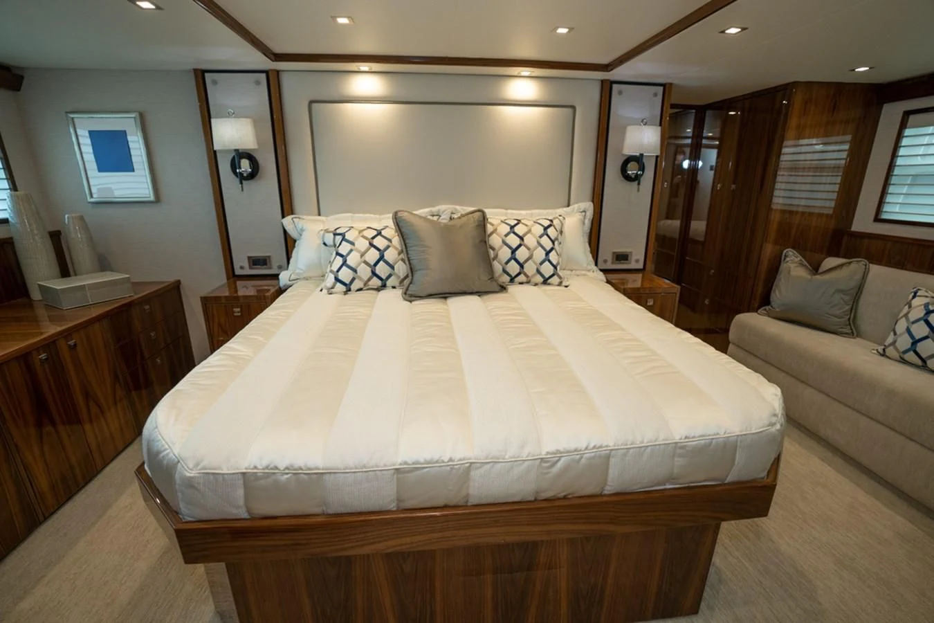 a bed with pillows aboard MAKE IT HAPPEN Yacht for Sale