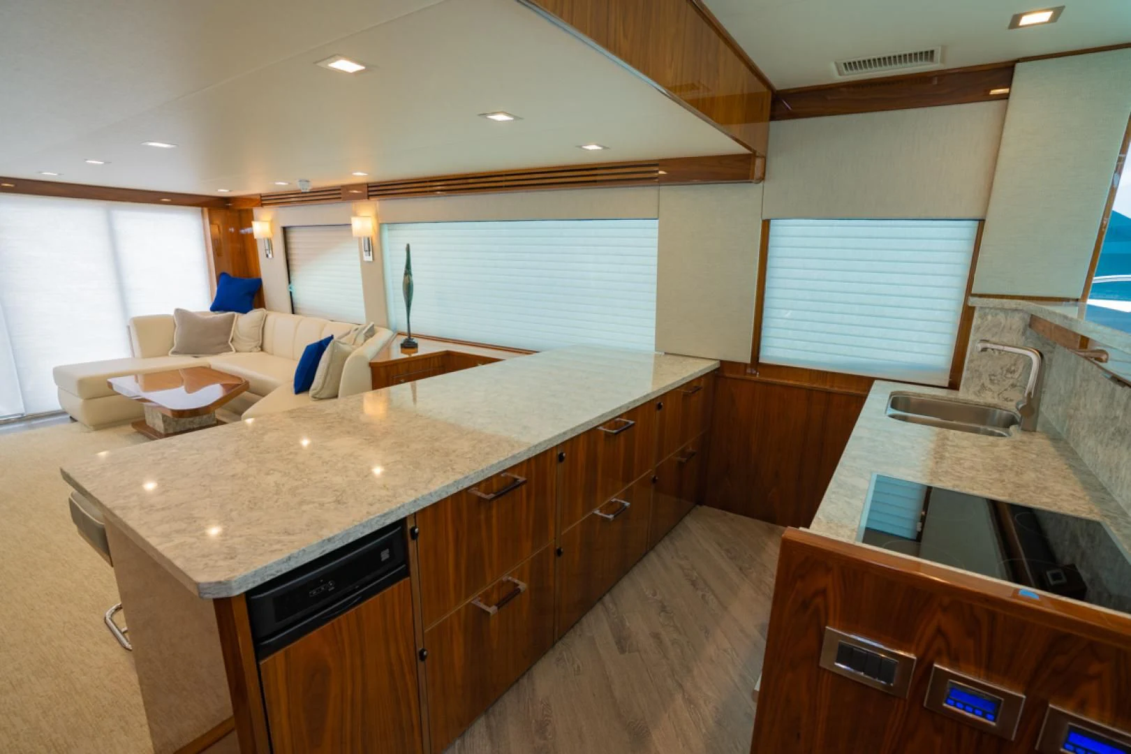 a kitchen with a large island aboard MAKE IT HAPPEN Yacht for Sale