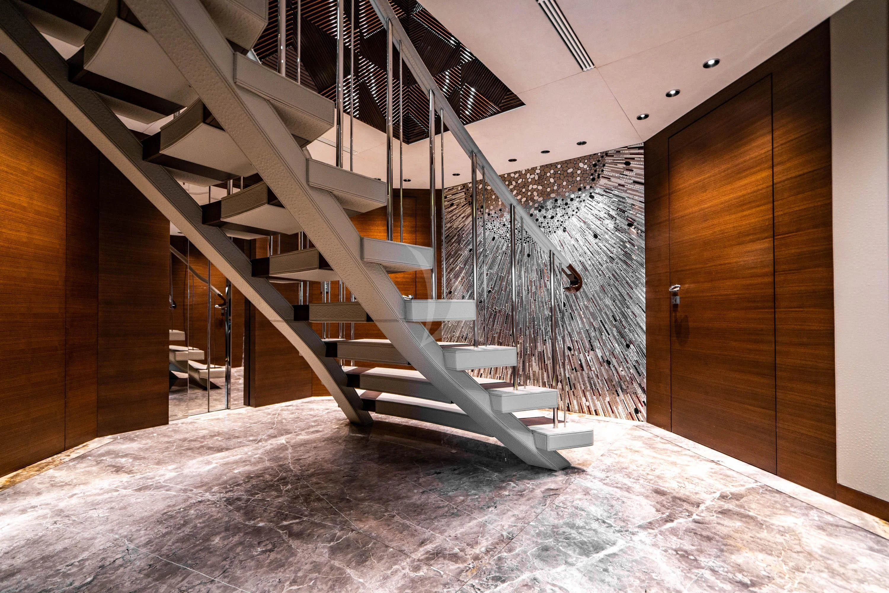 a staircase with a glass door aboard BABA'S Yacht for Sale