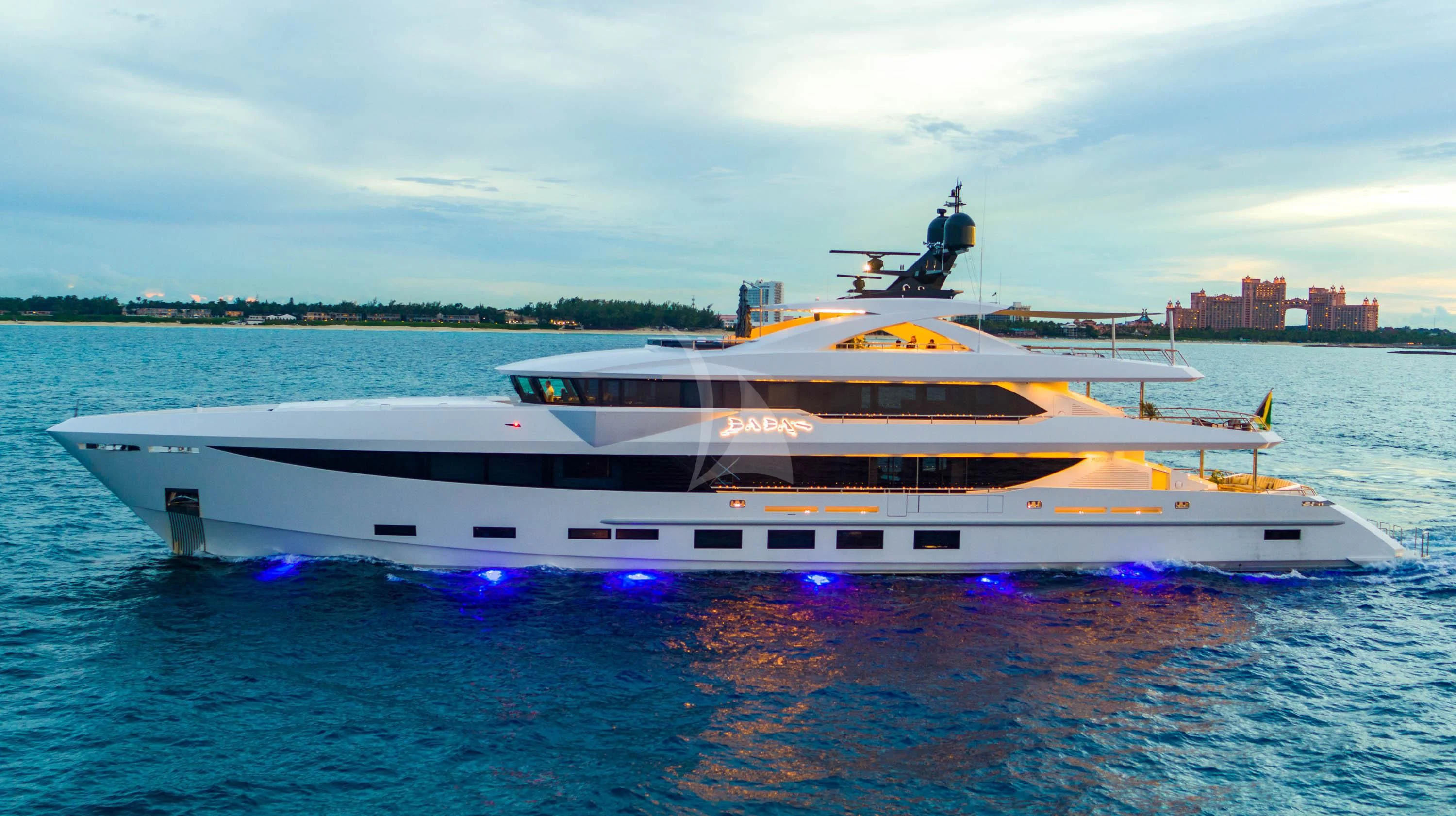 a white yacht on the water aboard BABA'S Yacht for Sale