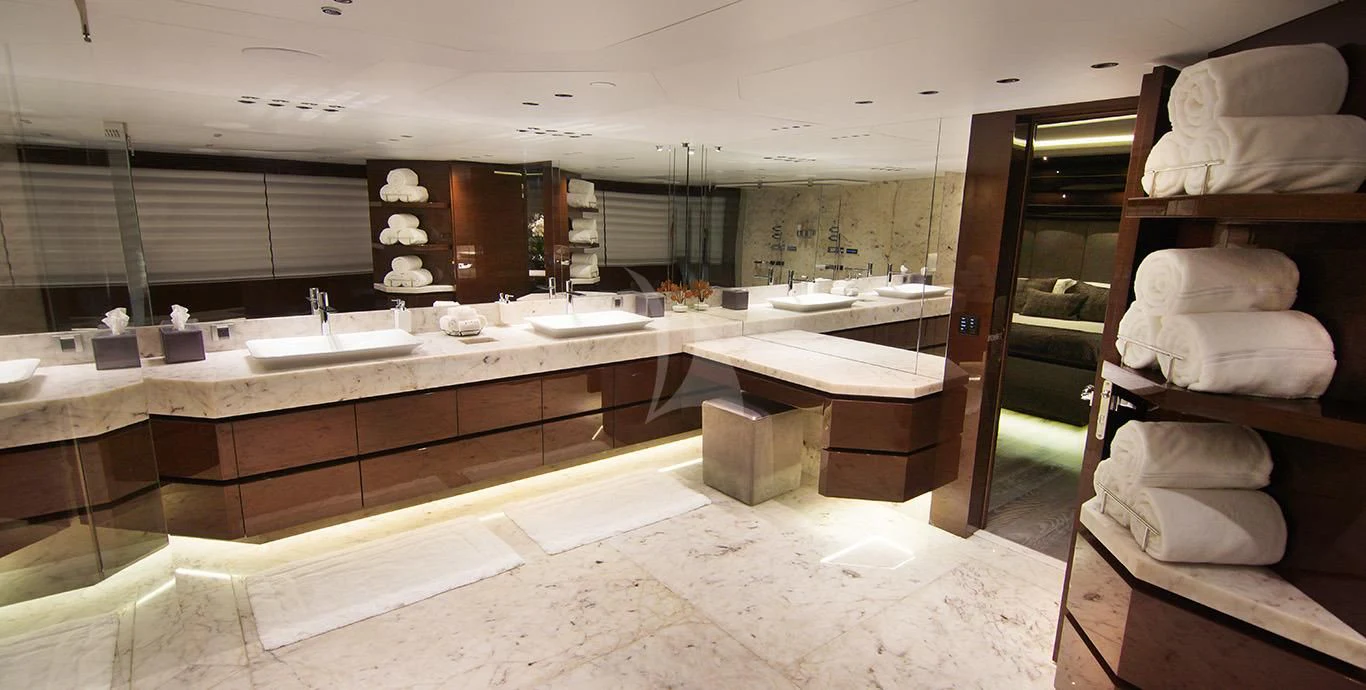a large bathroom with a large tub aboard BABA'S Yacht for Sale
