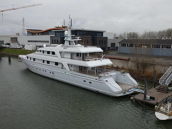 a large white boat docked aboard ANNA J Yacht for Sale