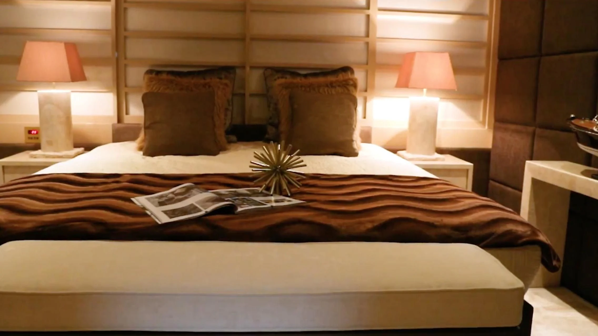 a bed with pillows and pillows aboard ANNA J Yacht for Sale