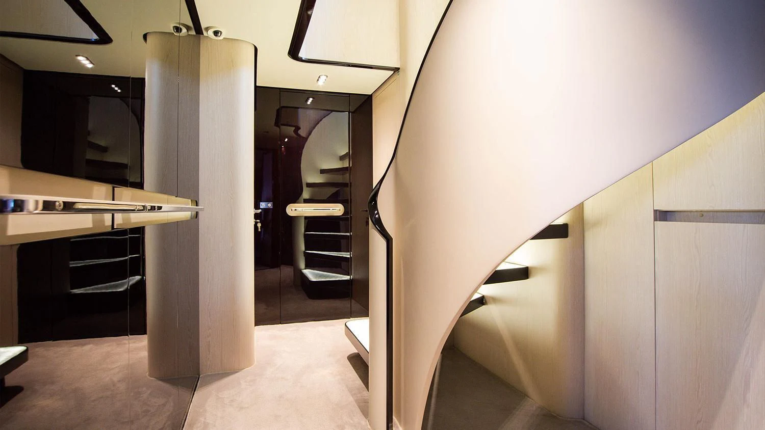 a room with a refrigerator and a sink aboard SOLSTICE Yacht for Sale
