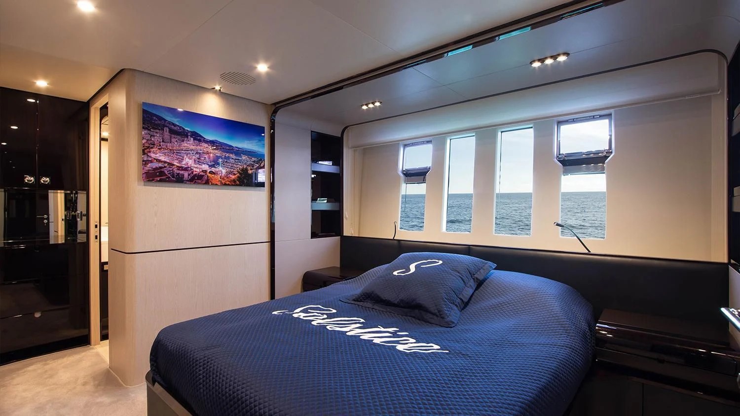 a bed in a room aboard SOLSTICE Yacht for Sale