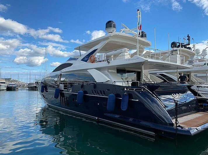 a large boat docked aboard SOLSTICE Yacht for Sale