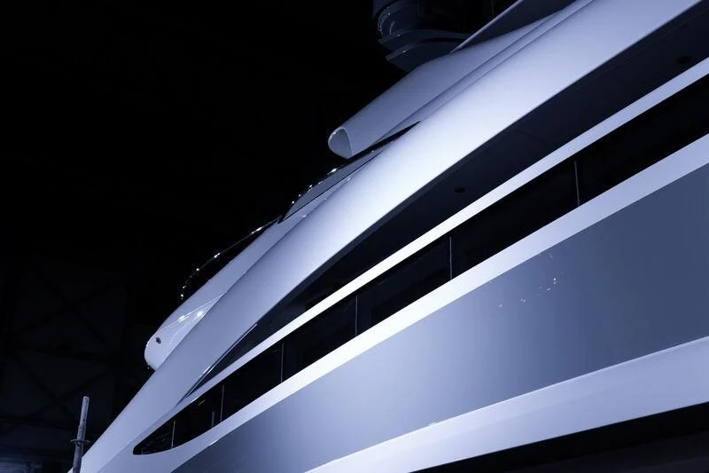 a white and black striped staircase aboard CINDERELLA NOEL IV Yacht for Sale