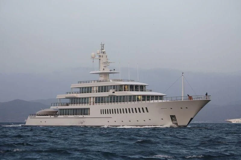 a large white boat in the water aboard MUSASHI Yacht for Sale
