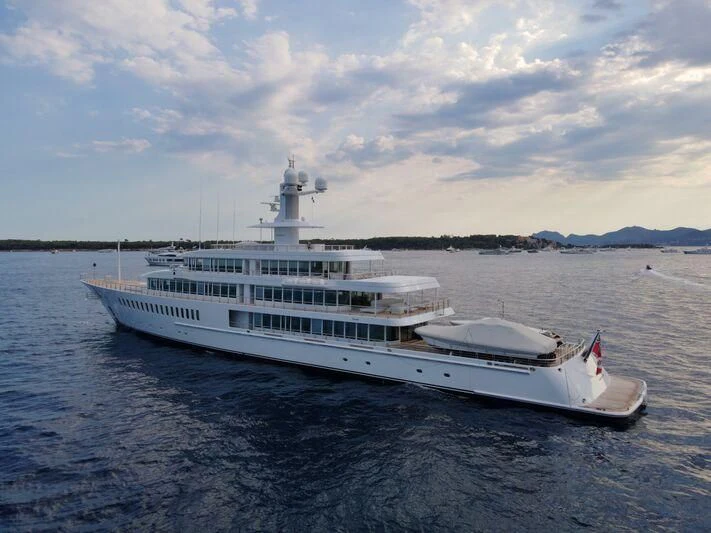 a large white boat in the water aboard MUSASHI Yacht for Sale