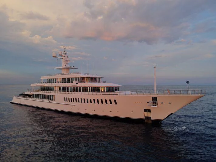 a large white boat in the water aboard MUSASHI Yacht for Sale