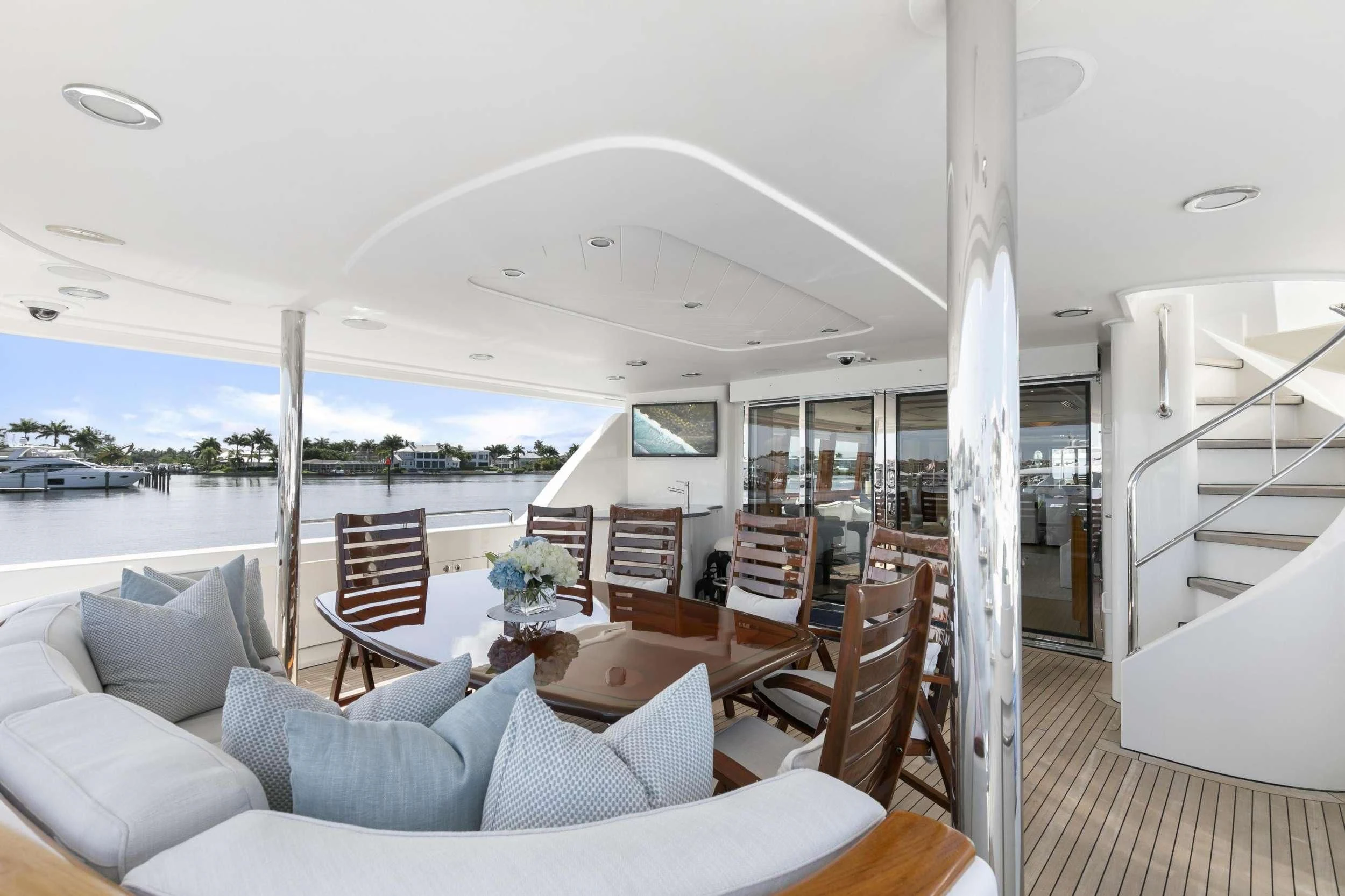 a living room with a large window aboard EDEN Yacht for Sale