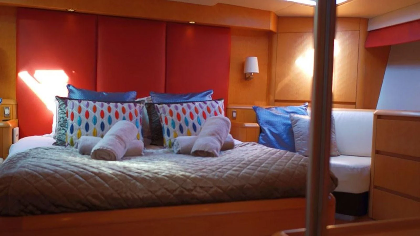 a bed with pillows aboard LA LUNA Yacht for Sale