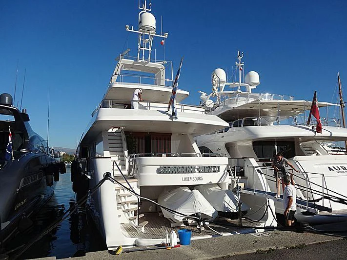 a large white boat with a couple of people standing on the deck aboard CAROLINE SEA II Yacht for Sale