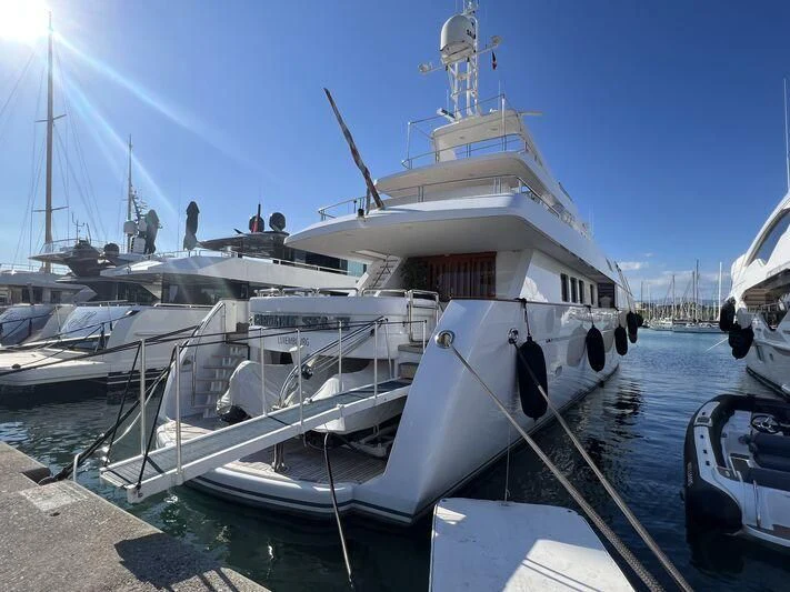 a white boat docked aboard CAROLINE SEA II Yacht for Sale