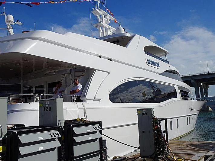 a boat with a couple of people on it aboard CAMILLE Yacht for Sale