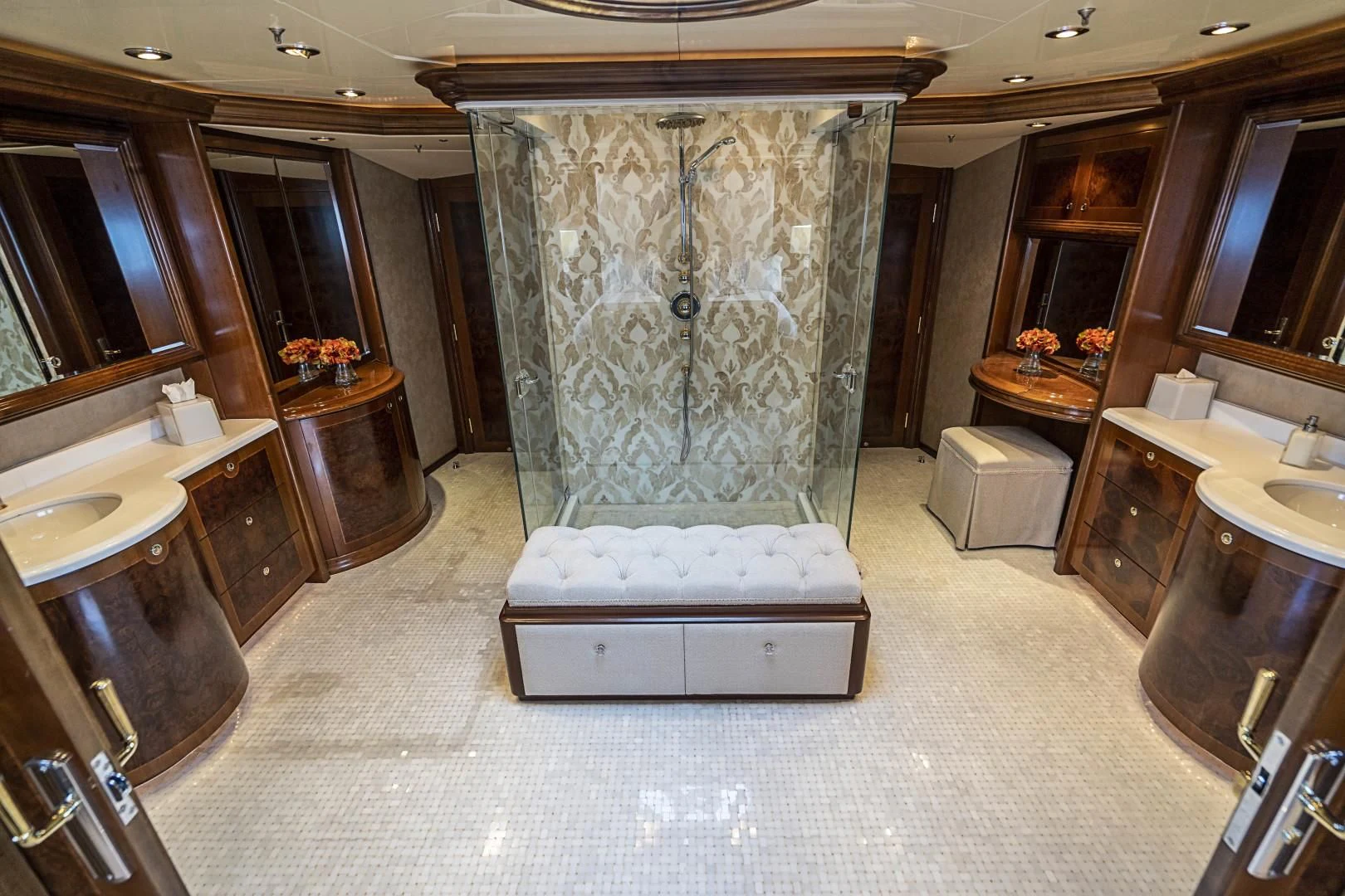 a bathroom with a large shower curtain aboard CAMILLE Yacht for Sale