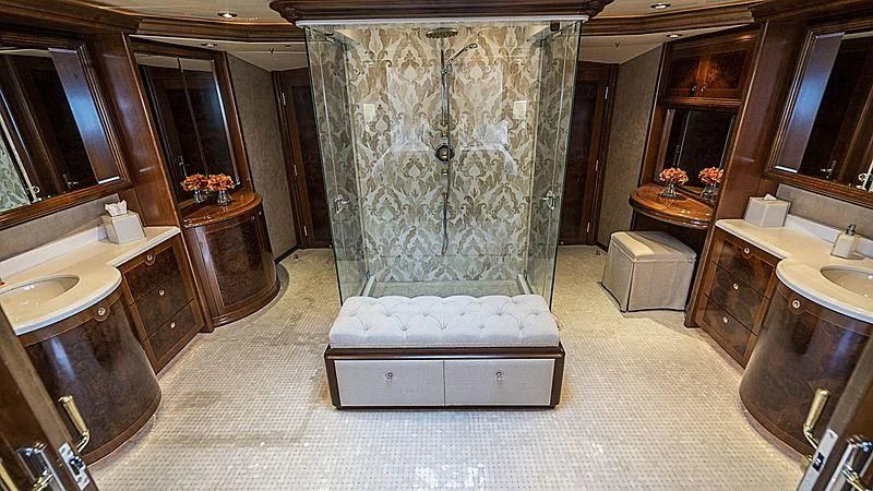 a bathroom with a large shower aboard CAMILLE Yacht for Sale