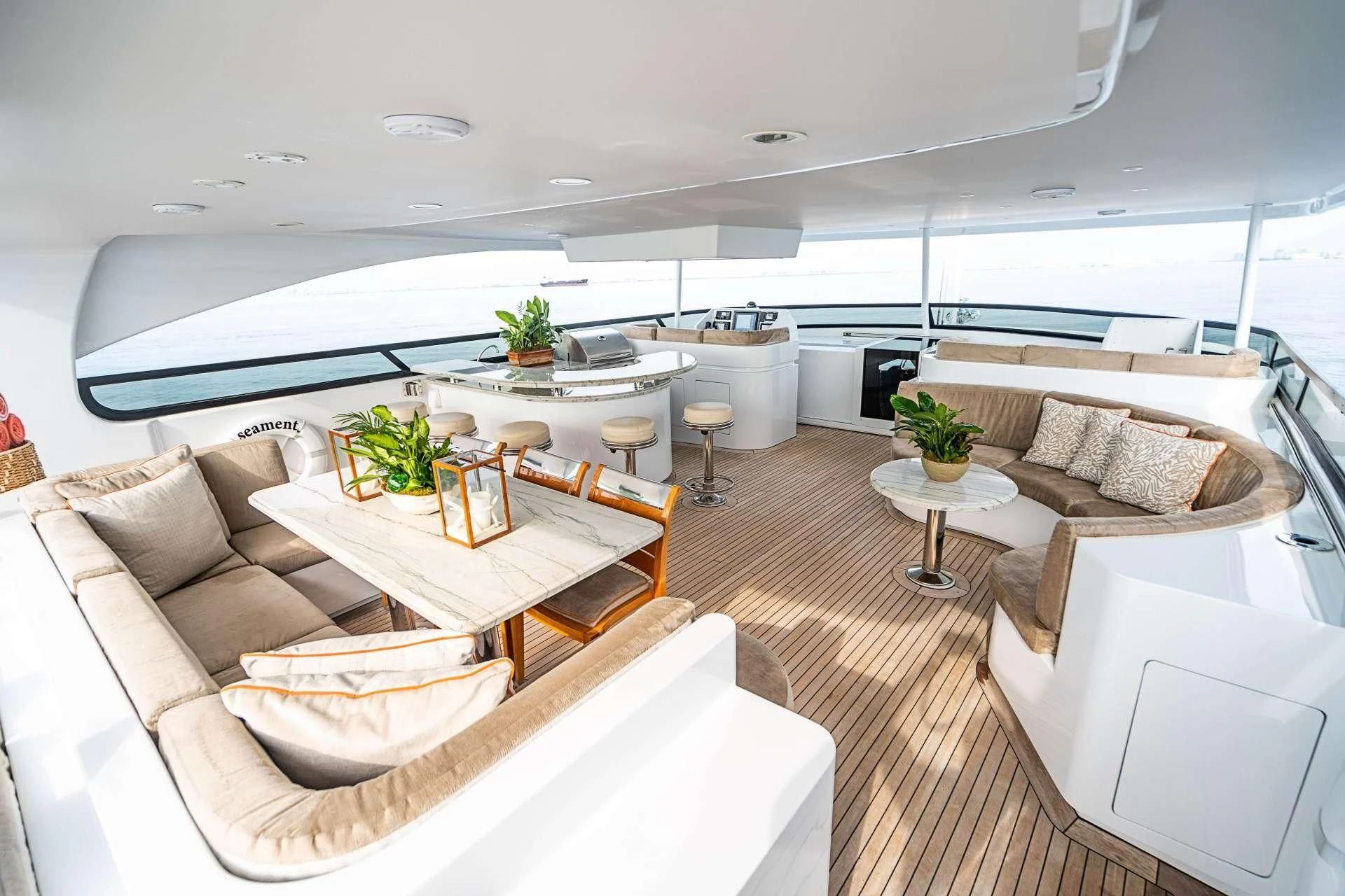 a modern looking living room aboard CAMILLE Yacht for Sale