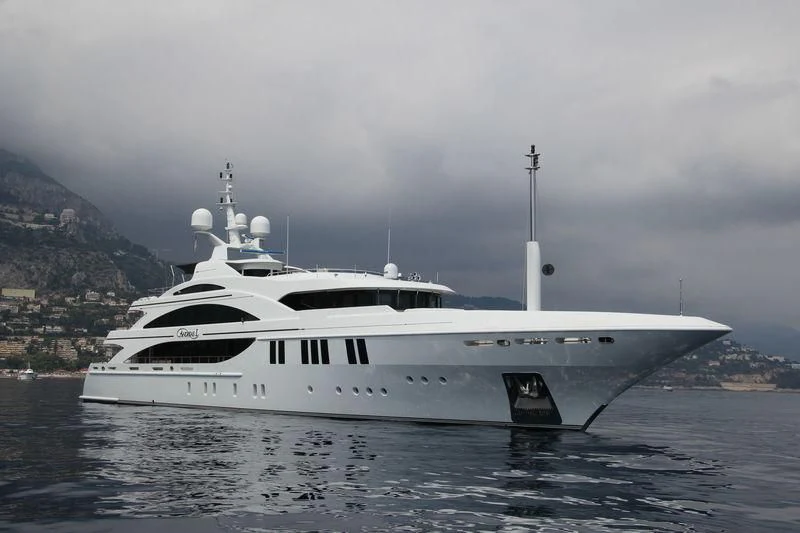 a large white boat in the water aboard LA BLANCA Yacht for Sale