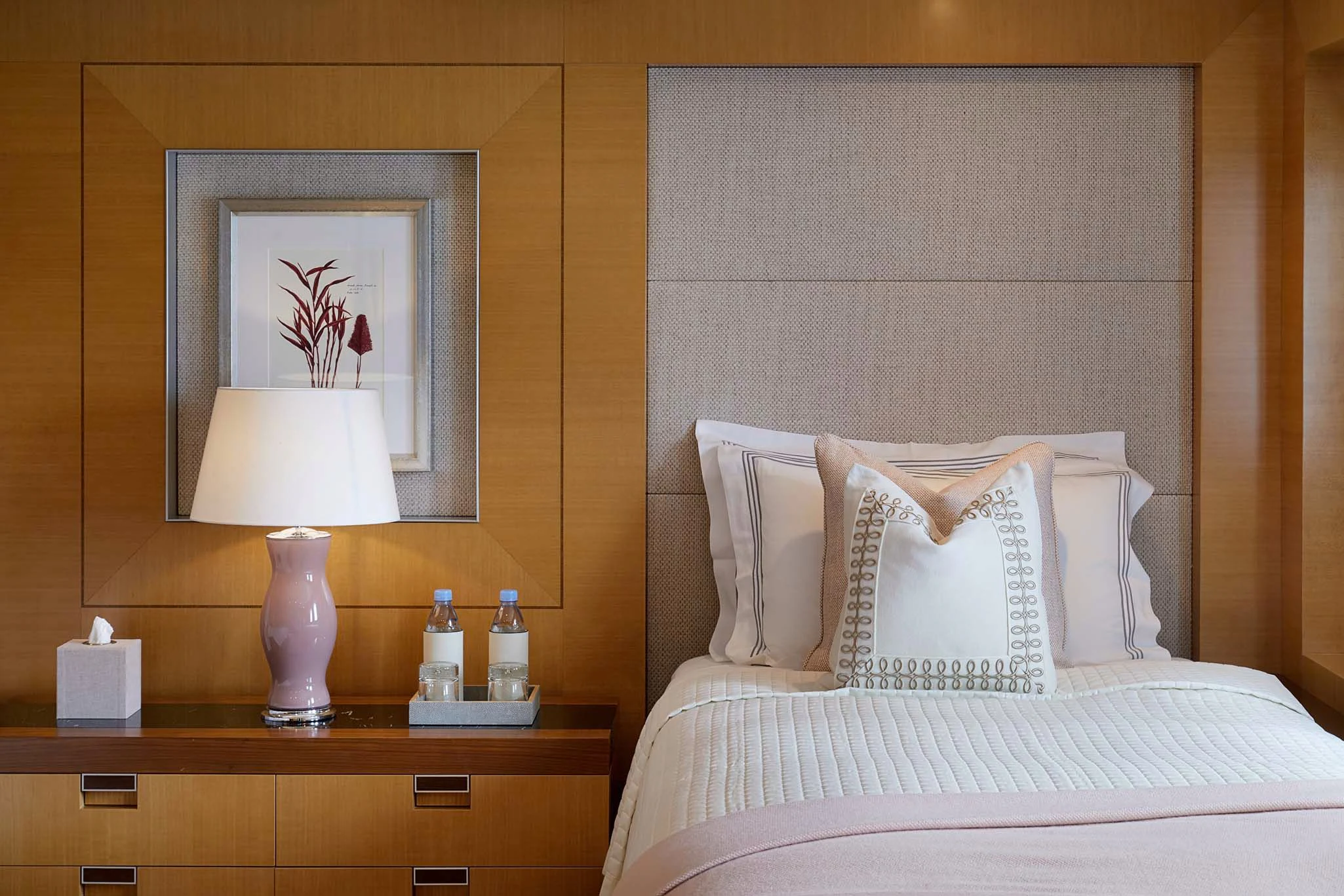 a bed with a lamp on it aboard LA BLANCA Yacht for Sale