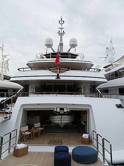 a large white ship aboard LA BLANCA Yacht for Sale