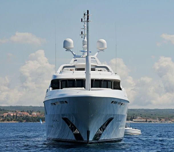 a large white boat in the water aboard LA BLANCA Yacht for Sale