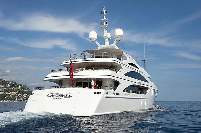 a white yacht on the water aboard LA BLANCA Yacht for Sale