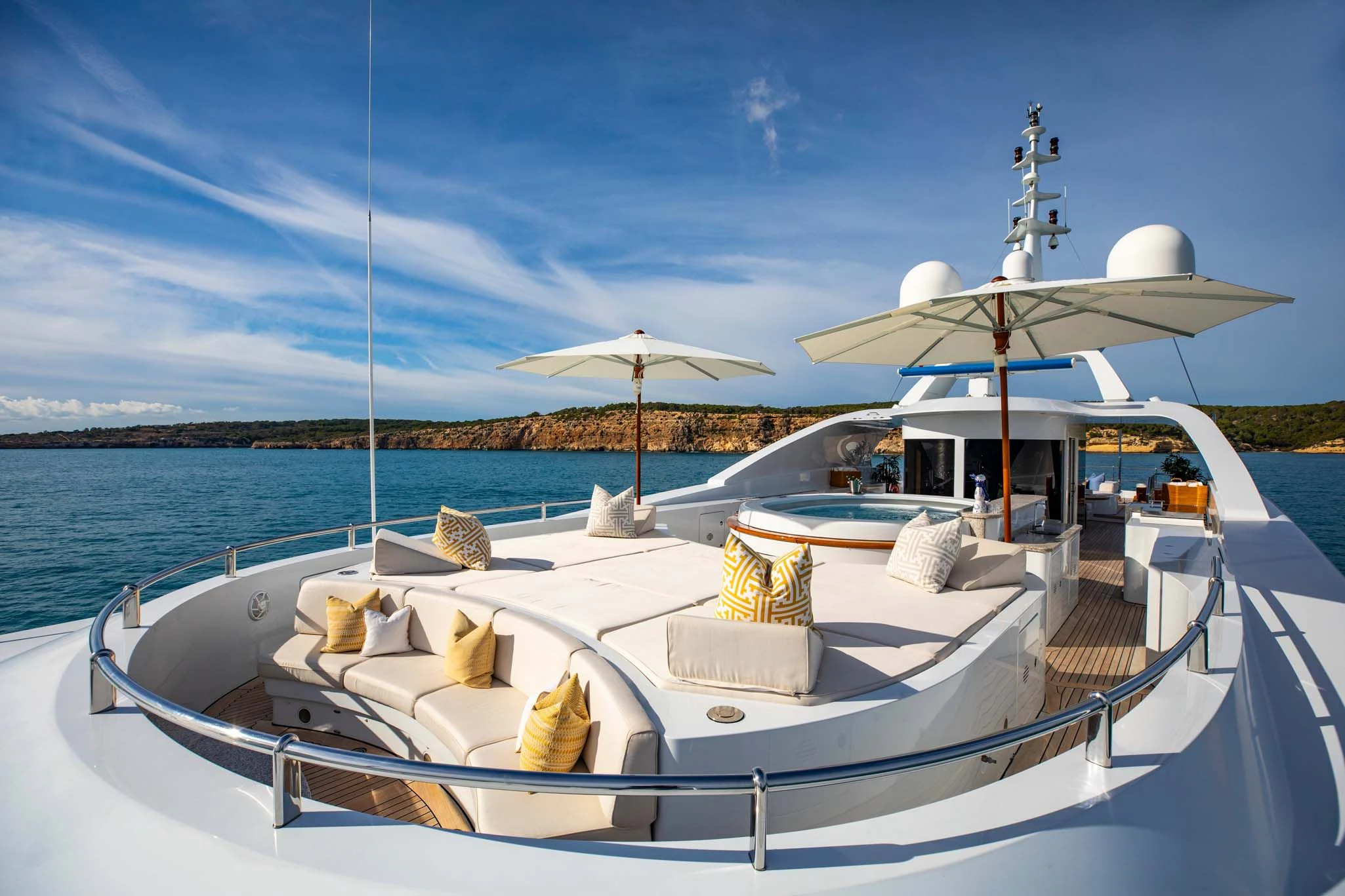 a boat with a canopy on the water aboard LA BLANCA Yacht for Sale